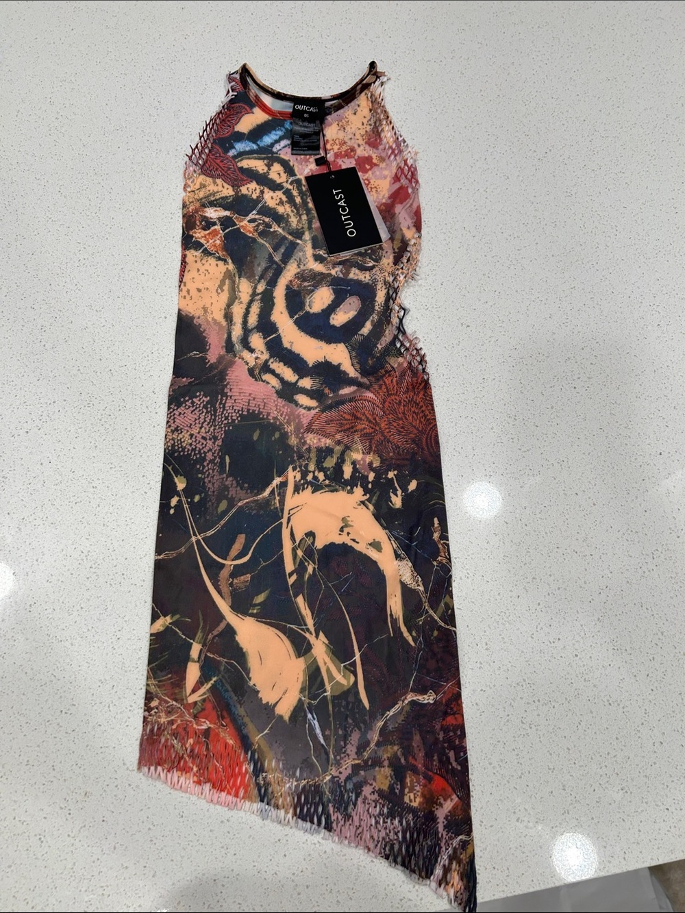 Outcast Multicolor Abstract Print Mini Dress in Peach and Black